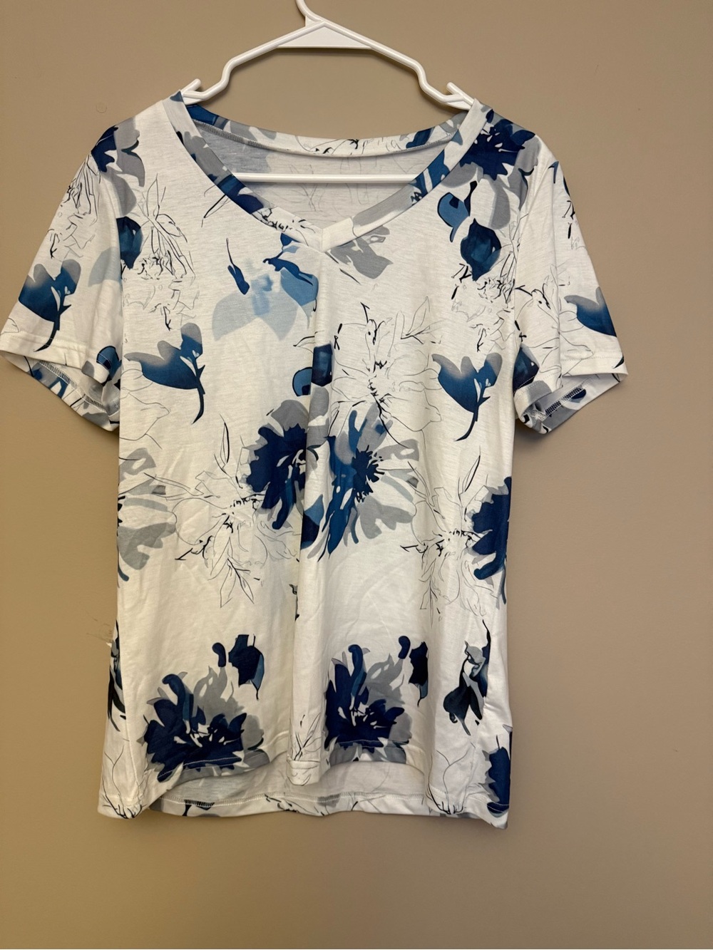 Women's White V-Neck Floral Tee with Blue Print